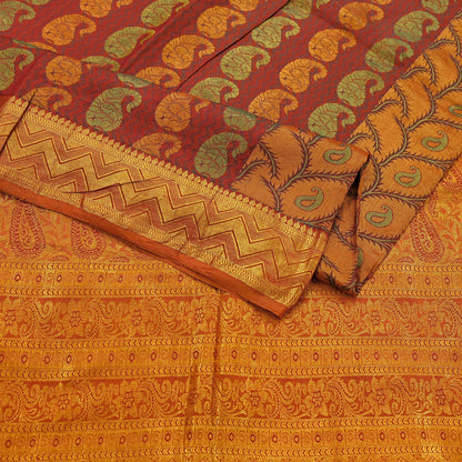Vintage Kanjivaram Silk Saree Green Saffron Pure Silk Zari Fabric Indian Handwoven 5Yd Craft Material Dressmaking Textile