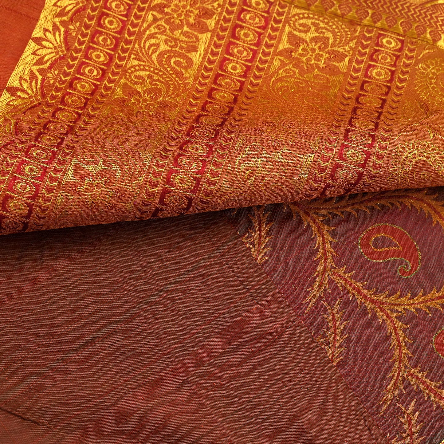 Vintage Kanjivaram Silk Saree Green Saffron Pure Silk Zari Fabric Indian Handwoven 5Yd Craft Material Dressmaking Textile