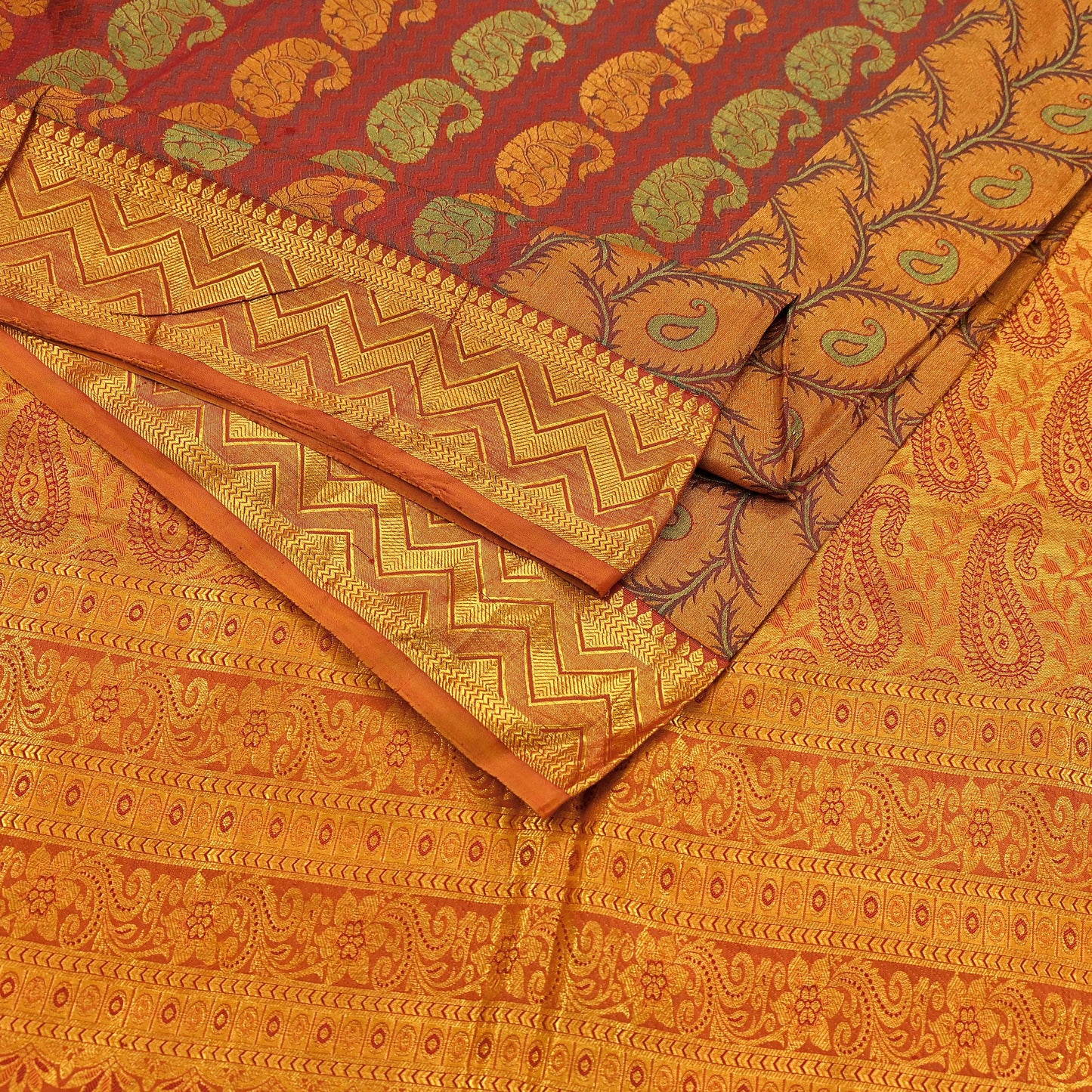 Vintage Kanjivaram Silk Saree Green Saffron Pure Silk Zari Fabric Indian Handwoven 5Yd Craft Material Dressmaking Textile