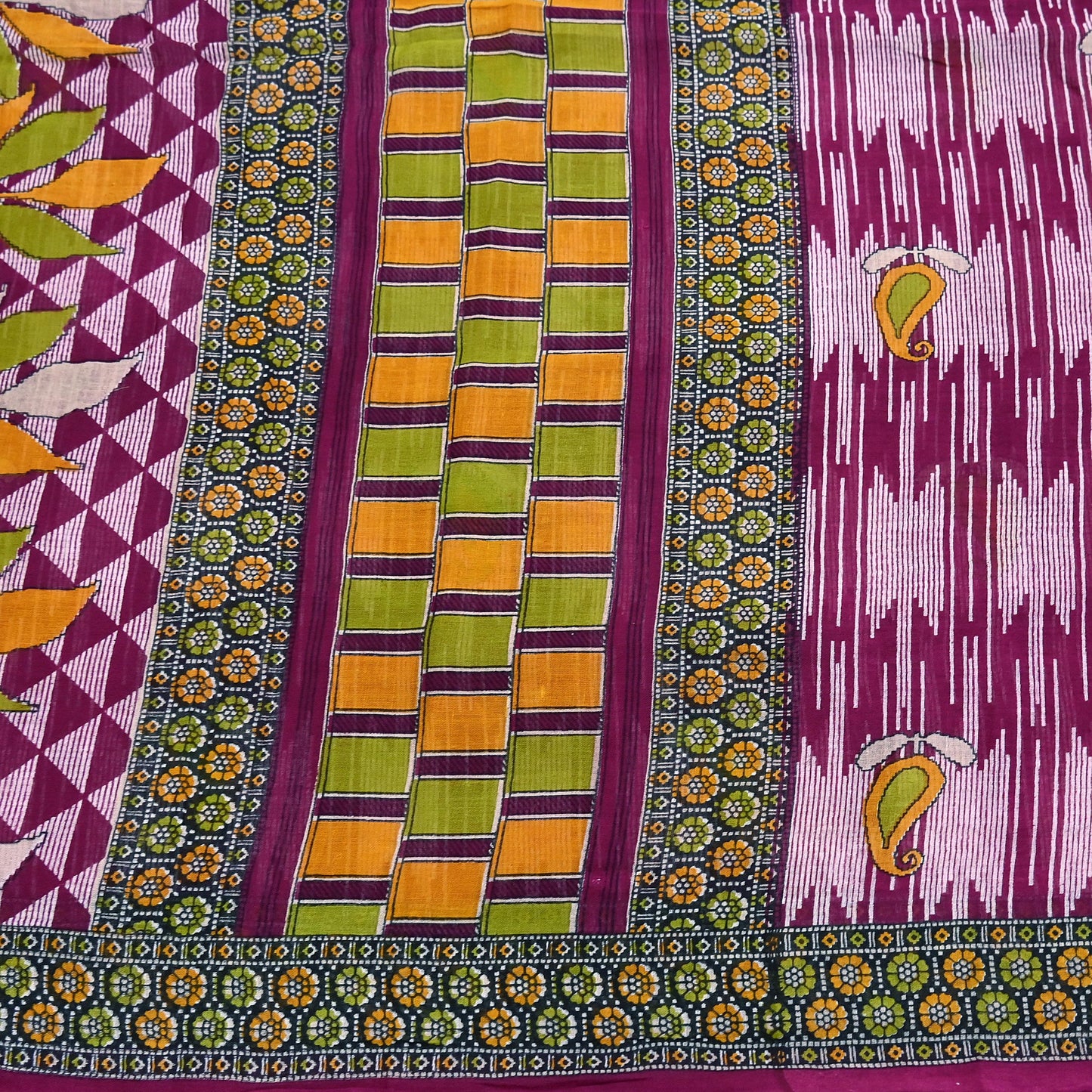 Vintage Printed Pure Cotton Saree 5 Yard Purple Green Yellow Fabric Indian Ethnic Block Print Textile for Sewing & Dressmaking