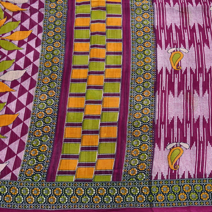 Vintage Printed Pure Cotton Saree 5 Yard Purple Green Yellow Fabric Indian Ethnic Block Print Textile for Sewing & Dressmaking