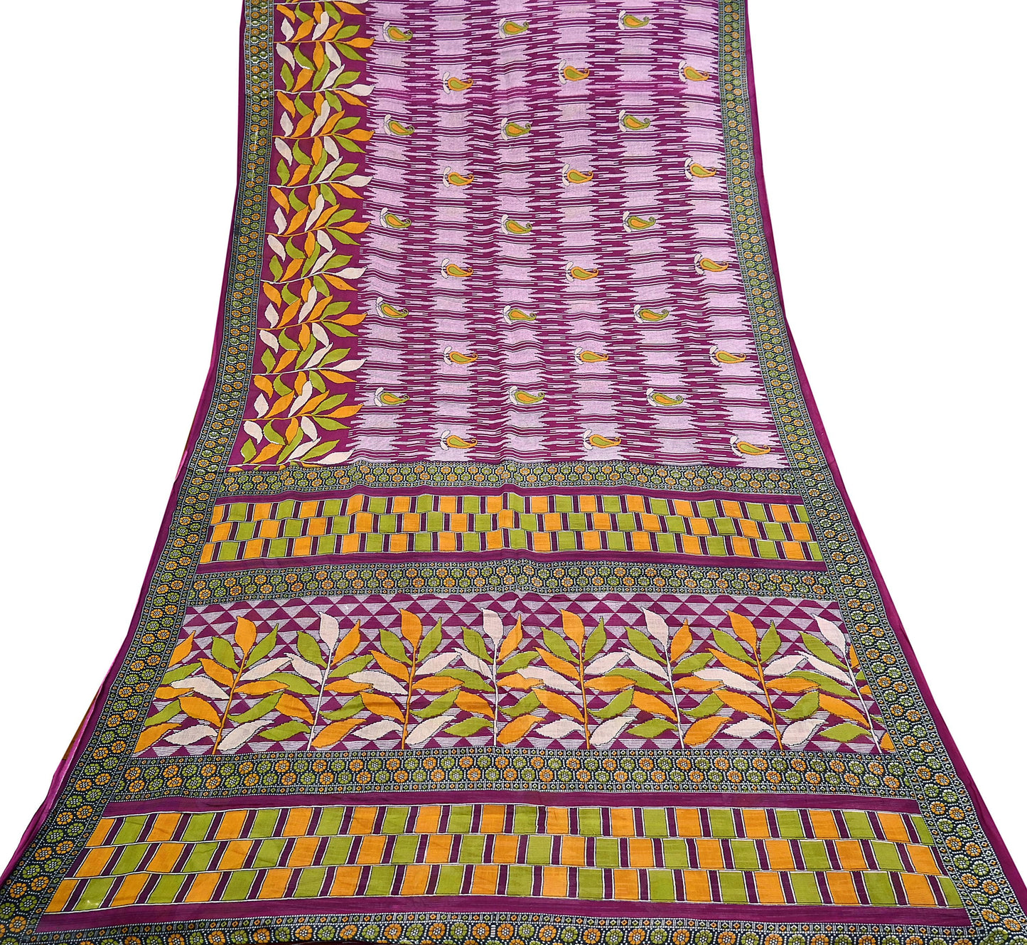Vintage Printed Pure Cotton Saree 5 Yard Purple Green Yellow Fabric Indian Ethnic Block Print Textile for Sewing & Dressmaking