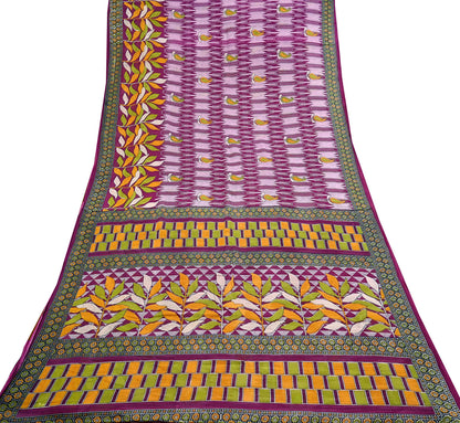 Vintage Printed Pure Cotton Saree 5 Yard Purple Green Yellow Fabric Indian Ethnic Block Print Textile for Sewing & Dressmaking