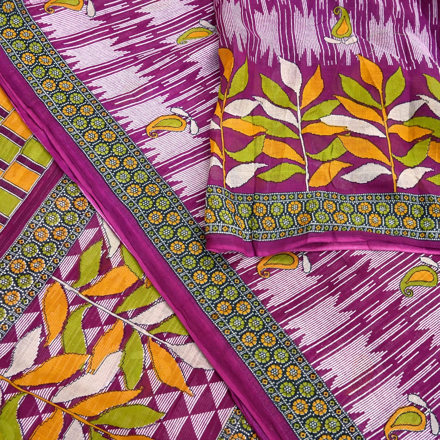 Vintage Printed Pure Cotton Saree 5 Yard Purple Green Yellow Fabric Indian Ethnic Block Print Textile for Sewing & Dressmaking