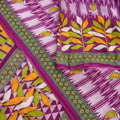 Vintage Printed Pure Cotton Saree 5 Yard Purple Green Yellow Fabric Indian Ethnic Block Print Textile for Sewing & Dressmaking