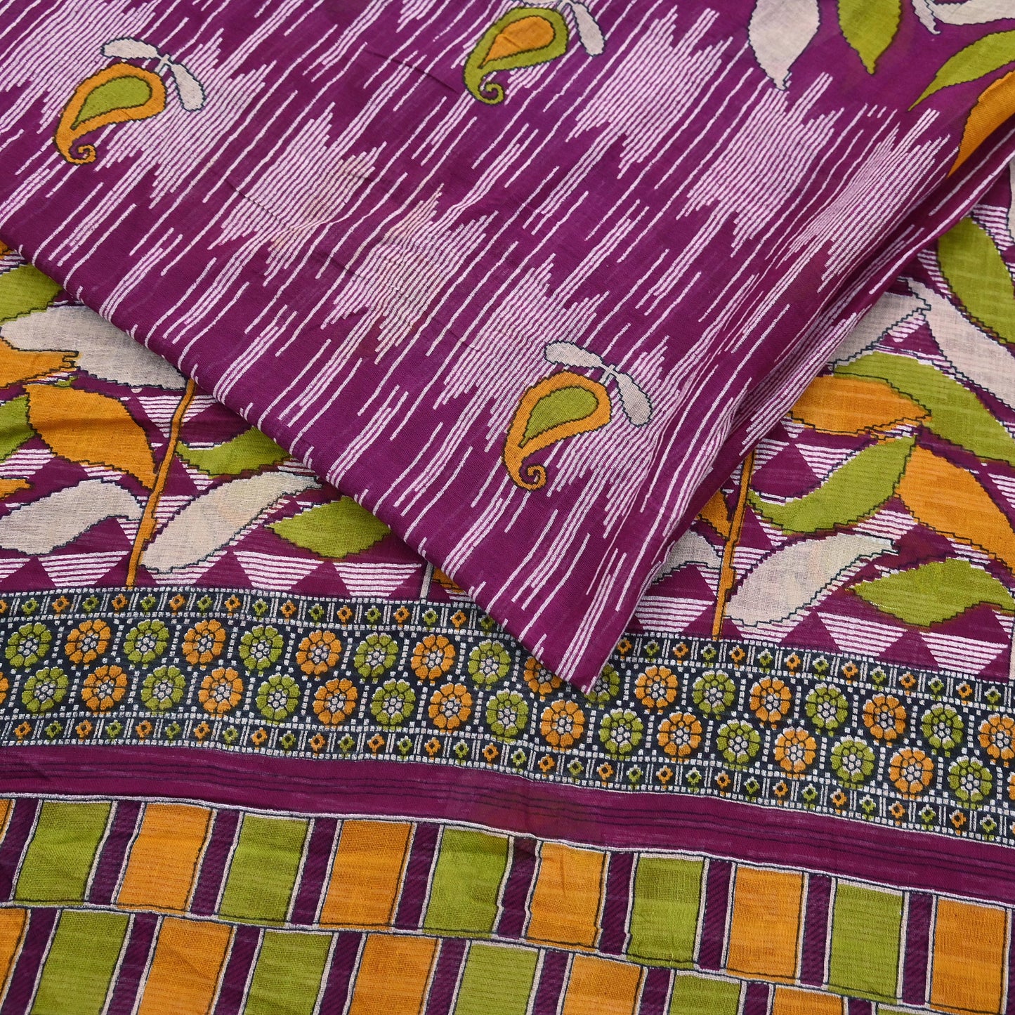 Vintage Printed Pure Cotton Saree 5 Yard Purple Green Yellow Fabric Indian Ethnic Block Print Textile for Sewing & Dressmaking