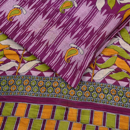 Vintage Printed Pure Cotton Saree 5 Yard Purple Green Yellow Fabric Indian Ethnic Block Print Textile for Sewing & Dressmaking
