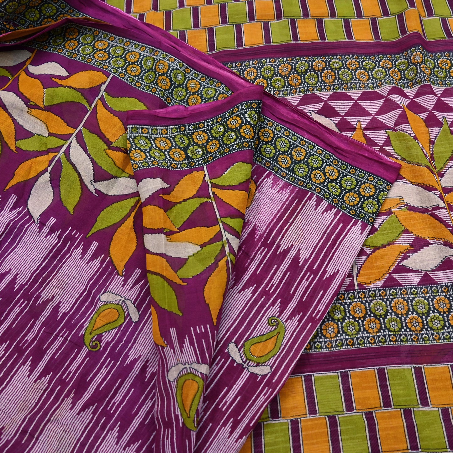 Vintage Printed Pure Cotton Saree 5 Yard Purple Green Yellow Fabric Indian Ethnic Block Print Textile for Sewing & Dressmaking