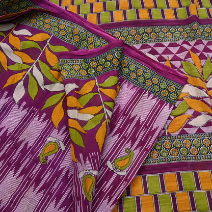 Vintage Printed Pure Cotton Saree 5 Yard Purple Green Yellow Fabric Indian Ethnic Block Print Textile for Sewing & Dressmaking