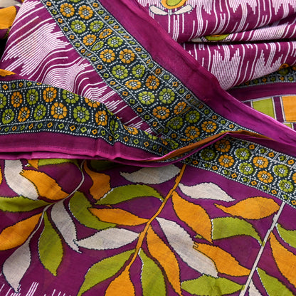 Vintage Printed Pure Cotton Saree 5 Yard Purple Green Yellow Fabric Indian Ethnic Block Print Textile for Sewing & Dressmaking