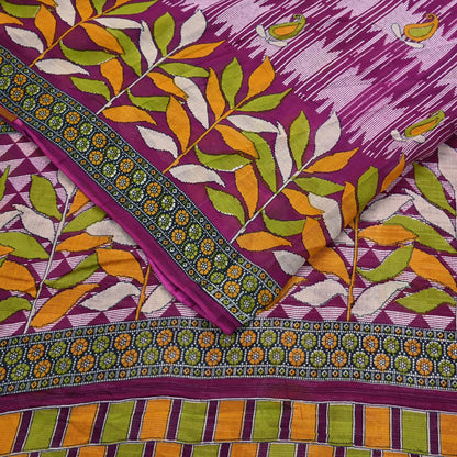 Vintage Printed Pure Cotton Saree 5 Yard Purple Green Yellow Fabric Indian Ethnic Block Print Textile for Sewing & Dressmaking