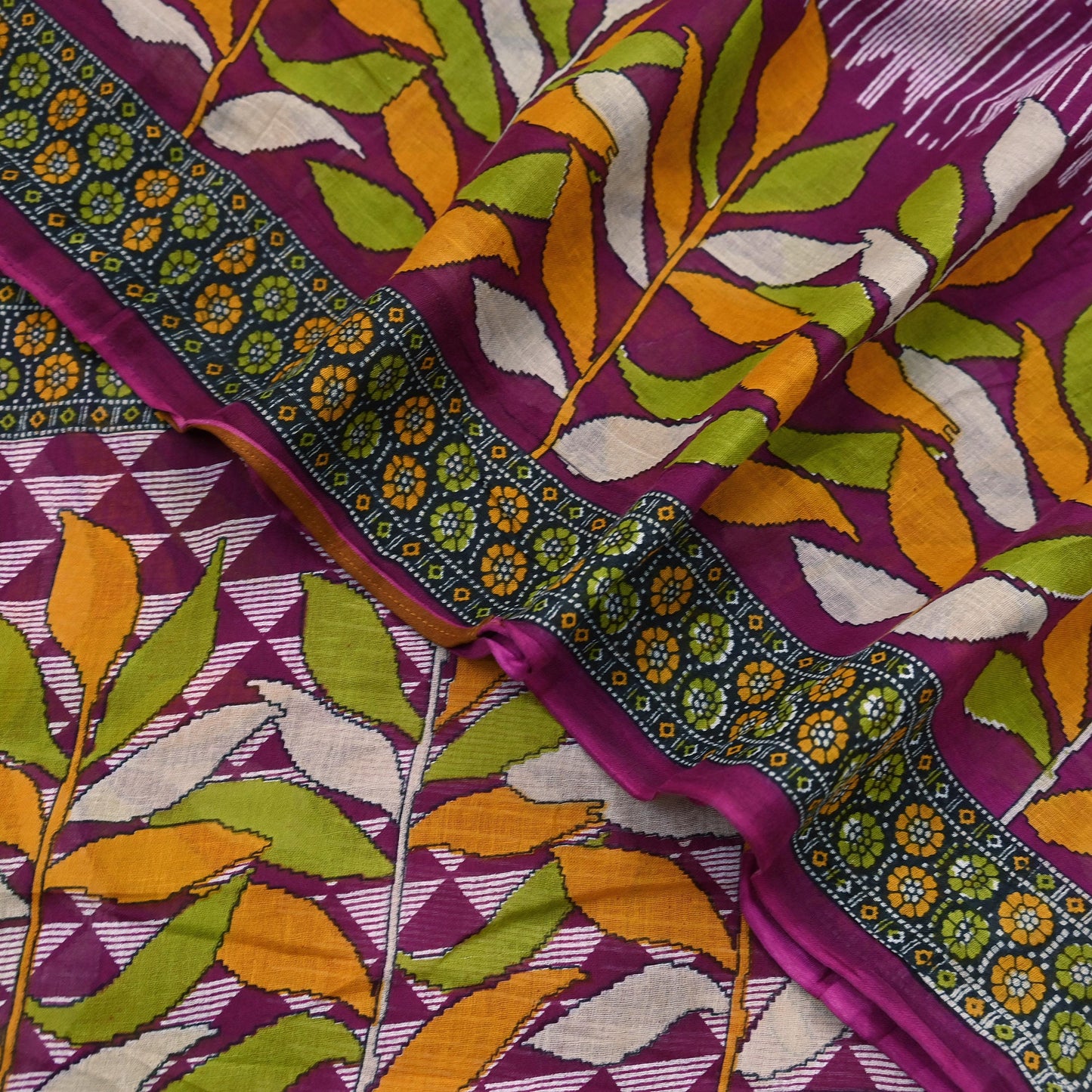 Vintage Printed Pure Cotton Saree 5 Yard Purple Green Yellow Fabric Indian Ethnic Block Print Textile for Sewing & Dressmaking