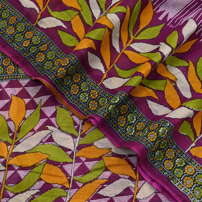 Vintage Printed Pure Cotton Saree 5 Yard Purple Green Yellow Fabric Indian Ethnic Block Print Textile for Sewing & Dressmaking