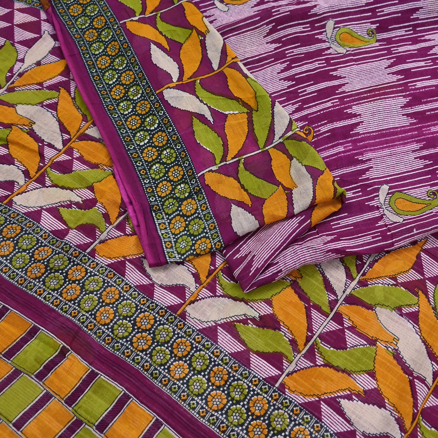 Vintage Printed Pure Cotton Saree 5 Yard Purple Green Yellow Fabric Indian Ethnic Block Print Textile for Sewing & Dressmaking