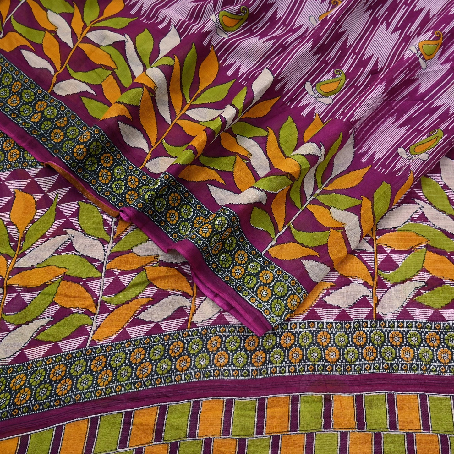 Vintage Printed Pure Cotton Saree 5 Yard Purple Green Yellow Fabric Indian Ethnic Block Print Textile for Sewing & Dressmaking