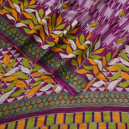 Vintage Printed Pure Cotton Saree 5 Yard Purple Green Yellow Fabric Indian Ethnic Block Print Textile for Sewing & Dressmaking