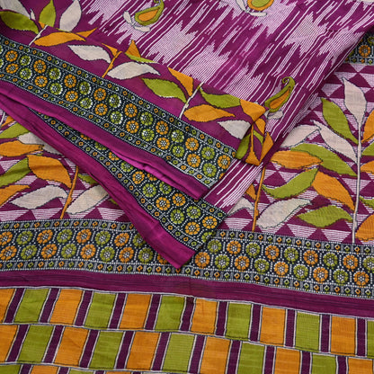 Vintage Printed Pure Cotton Saree 5 Yard Purple Green Yellow Fabric Indian Ethnic Block Print Textile for Sewing & Dressmaking