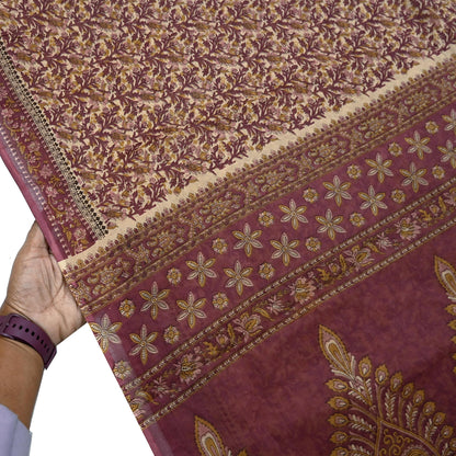 Vintage Maroon Beige Printed Pure Cotton Saree 5 Yard Floral Paisley Fabric Indian Ethnic Textile for Sewing, Dressmaking & Crafts