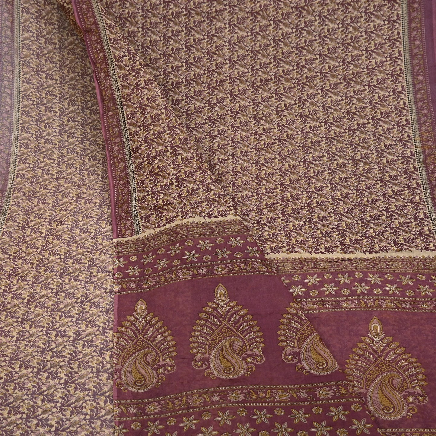 Vintage Maroon Beige Printed Pure Cotton Saree 5 Yard Floral Paisley Fabric Indian Ethnic Textile for Sewing, Dressmaking & Crafts