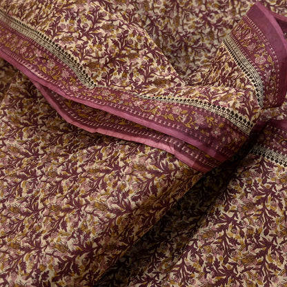 Vintage Maroon Beige Printed Pure Cotton Saree 5 Yard Floral Paisley Fabric Indian Ethnic Textile for Sewing, Dressmaking & Crafts