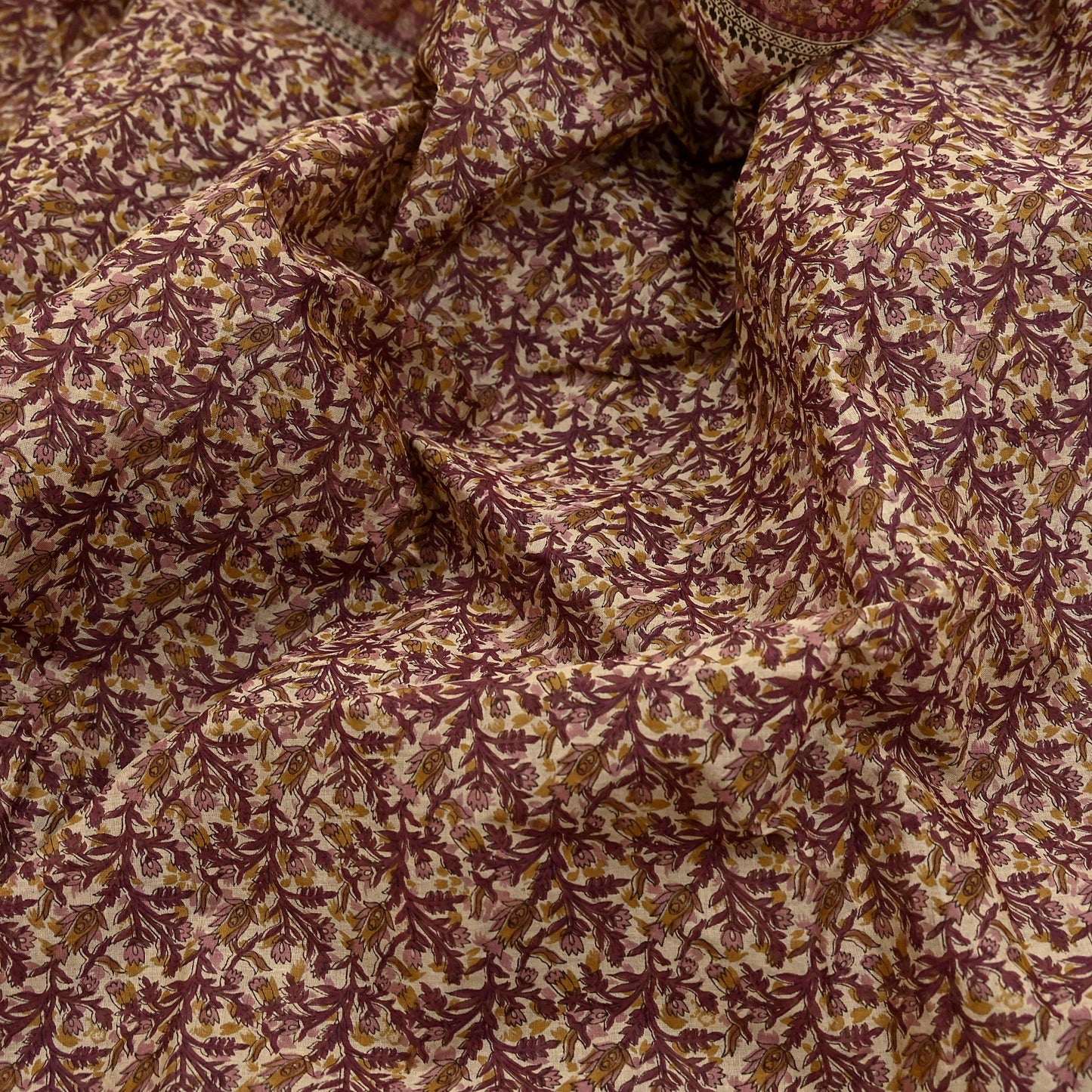Vintage Maroon Beige Printed Pure Cotton Saree 5 Yard Floral Paisley Fabric Indian Ethnic Textile for Sewing, Dressmaking & Crafts