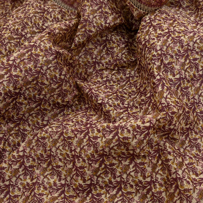 Vintage Maroon Beige Printed Pure Cotton Saree 5 Yard Floral Paisley Fabric Indian Ethnic Textile for Sewing, Dressmaking & Crafts