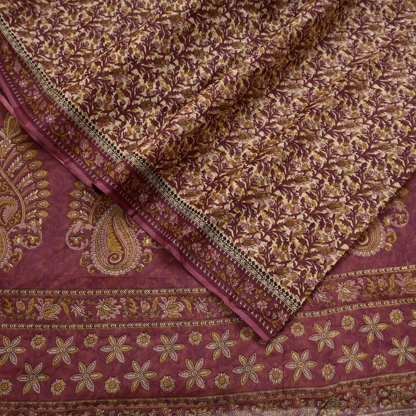 Vintage Maroon Beige Printed Pure Cotton Saree 5 Yard Floral Paisley Fabric Indian Ethnic Textile for Sewing, Dressmaking & Crafts