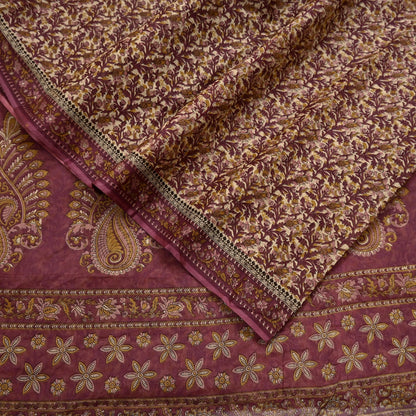 Vintage Maroon Beige Printed Pure Cotton Saree 5 Yard Floral Paisley Fabric Indian Ethnic Textile for Sewing, Dressmaking & Crafts
