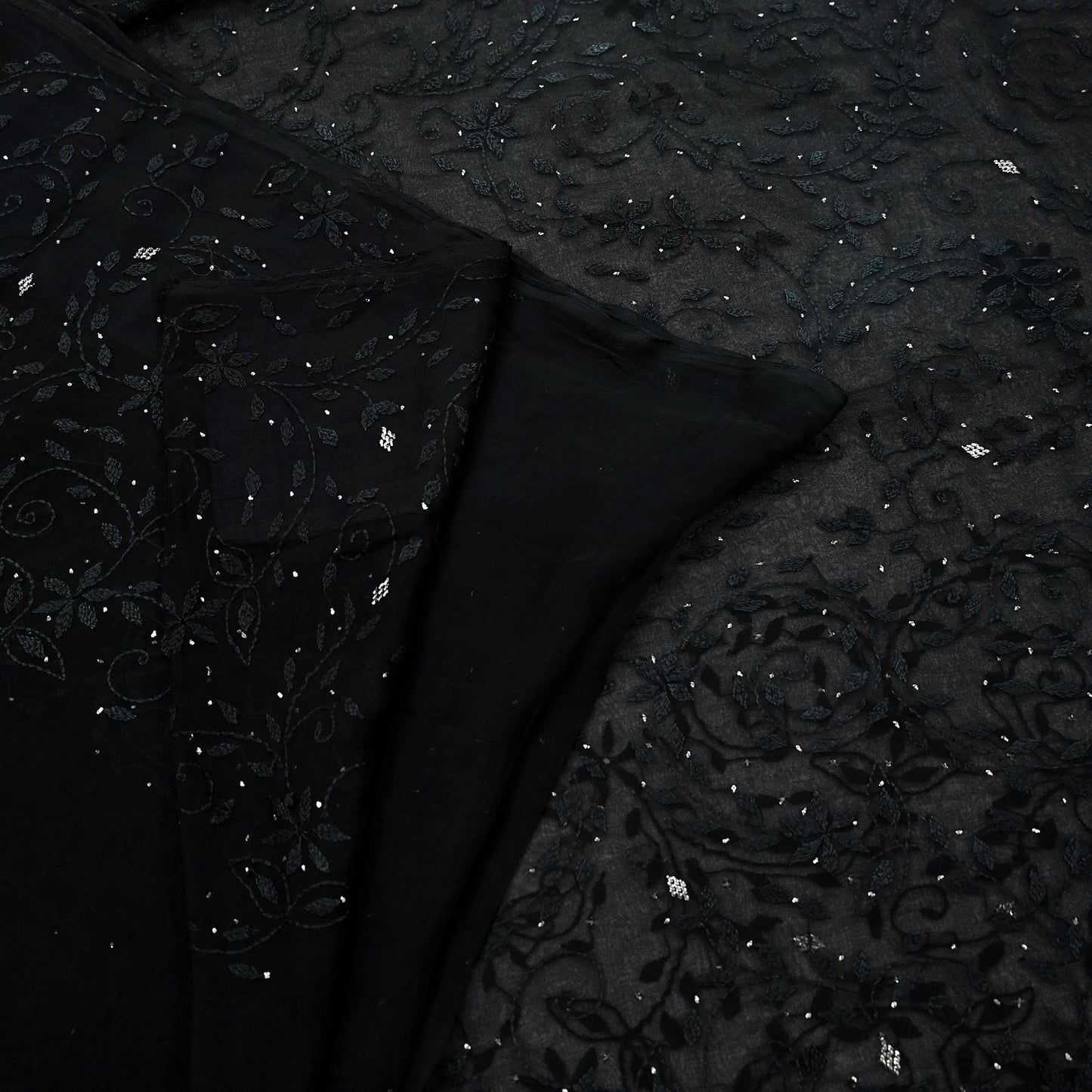 Indian Vintage Black Saree Hand Embroidered Kantha Mukesh Cotton Blend Sari 6 Yard Craft Fabric for Dressmaking, Quilting & Upcycling