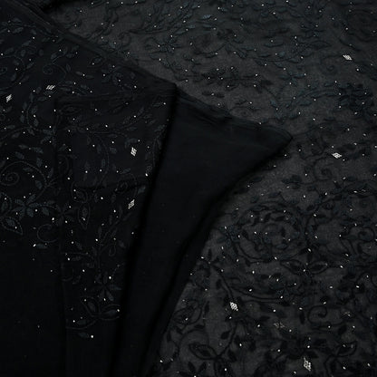 Indian Vintage Black Saree Hand Embroidered Kantha Mukesh Cotton Blend Sari 6 Yard Craft Fabric for Dressmaking, Quilting & Upcycling