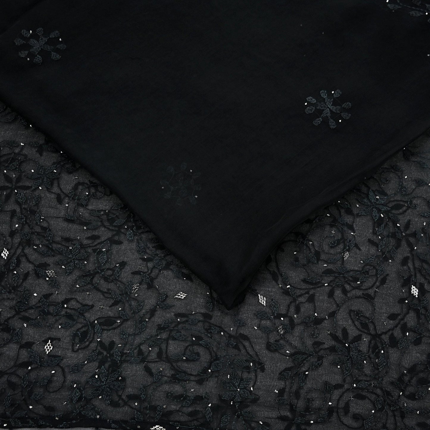 Indian Vintage Black Saree Hand Embroidered Kantha Mukesh Cotton Blend Sari 6 Yard Craft Fabric for Dressmaking, Quilting & Upcycling