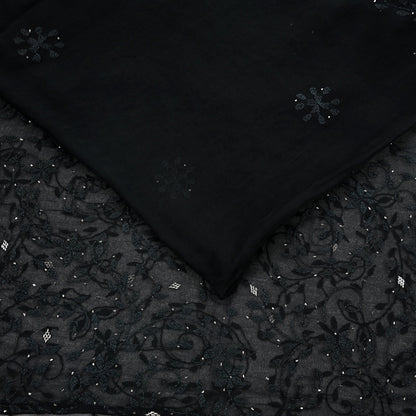 Indian Vintage Black Saree Hand Embroidered Kantha Mukesh Cotton Blend Sari 6 Yard Craft Fabric for Dressmaking, Quilting & Upcycling