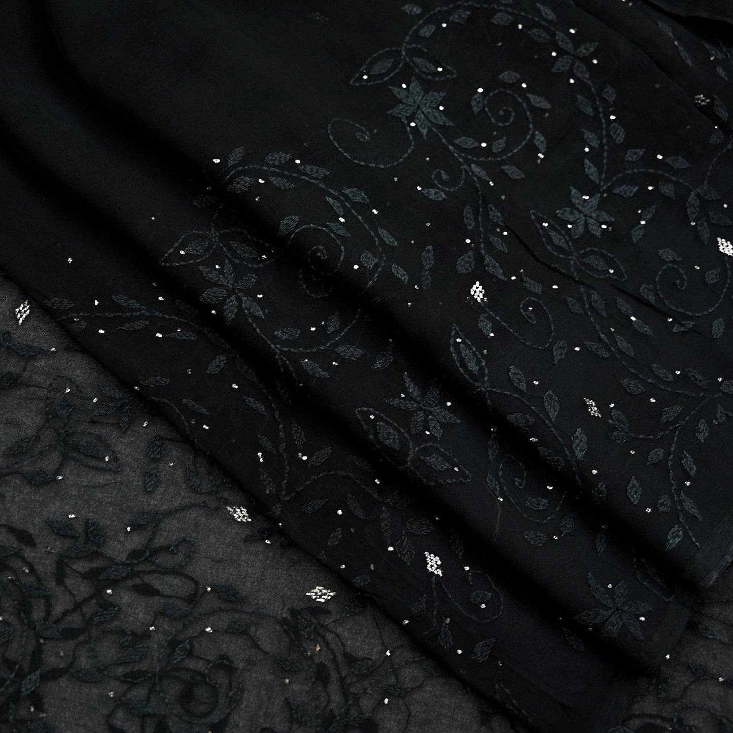 Indian Vintage Black Saree Hand Embroidered Kantha Mukesh Cotton Blend Sari 6 Yard Craft Fabric for Dressmaking, Quilting & Upcycling