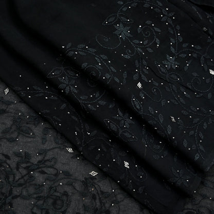 Indian Vintage Black Saree Hand Embroidered Kantha Mukesh Cotton Blend Sari 6 Yard Craft Fabric for Dressmaking, Quilting & Upcycling