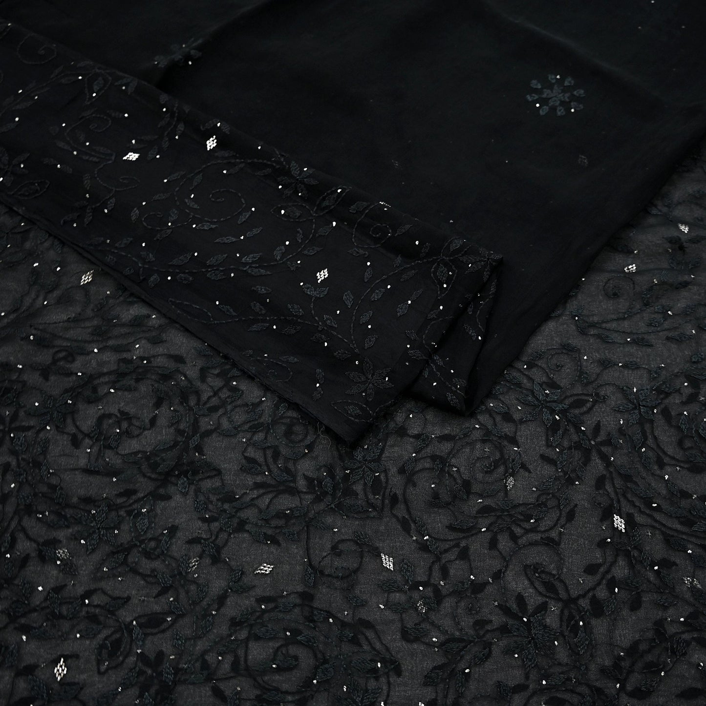 Indian Vintage Black Saree Hand Embroidered Kantha Mukesh Cotton Blend Sari 6 Yard Craft Fabric for Dressmaking, Quilting & Upcycling