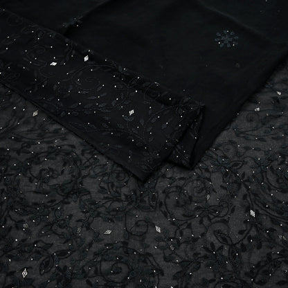 Indian Vintage Black Saree Hand Embroidered Kantha Mukesh Cotton Blend Sari 6 Yard Craft Fabric for Dressmaking, Quilting & Upcycling