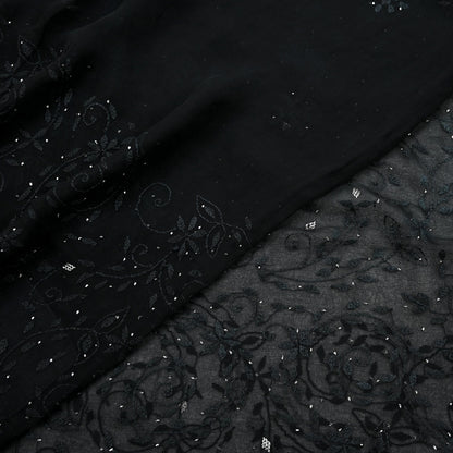 Indian Vintage Black Saree Hand Embroidered Kantha Mukesh Cotton Blend Sari 6 Yard Craft Fabric for Dressmaking, Quilting & Upcycling
