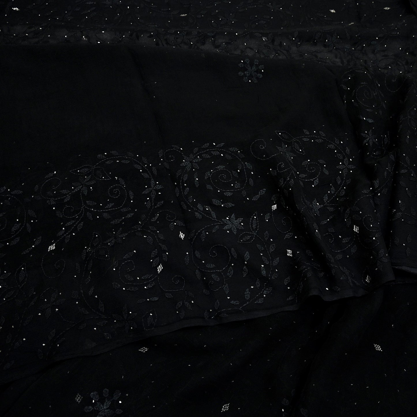 Indian Vintage Black Saree Hand Embroidered Kantha Mukesh Cotton Blend Sari 6 Yard Craft Fabric for Dressmaking, Quilting & Upcycling