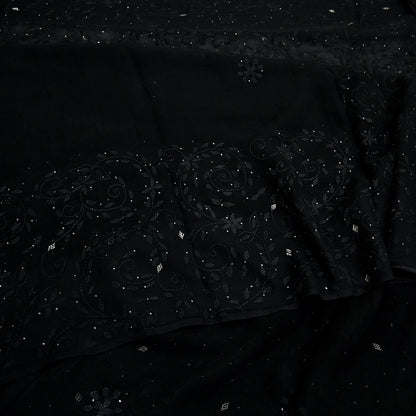 Indian Vintage Black Saree Hand Embroidered Kantha Mukesh Cotton Blend Sari 6 Yard Craft Fabric for Dressmaking, Quilting & Upcycling