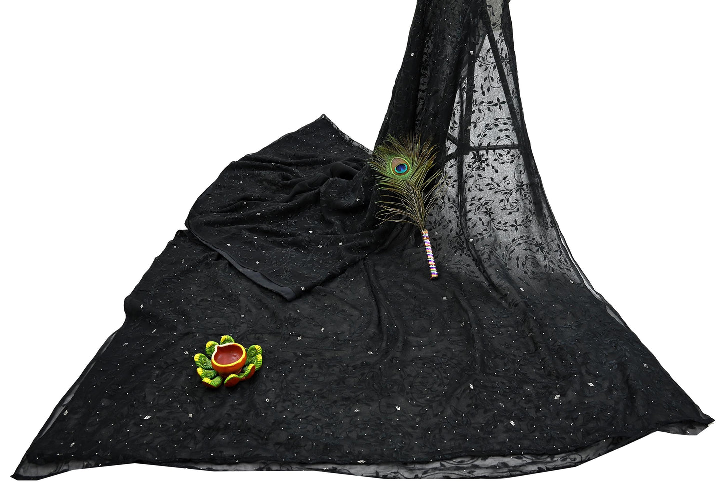 Indian Vintage Black Saree Hand Embroidered Kantha Mukesh Cotton Blend Sari 6 Yard Craft Fabric for Dressmaking, Quilting & Upcycling