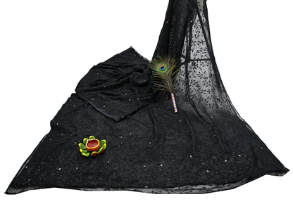 Indian Vintage Black Saree Hand Embroidered Kantha Mukesh Cotton Blend Sari 6 Yard Craft Fabric for Dressmaking, Quilting & Upcycling