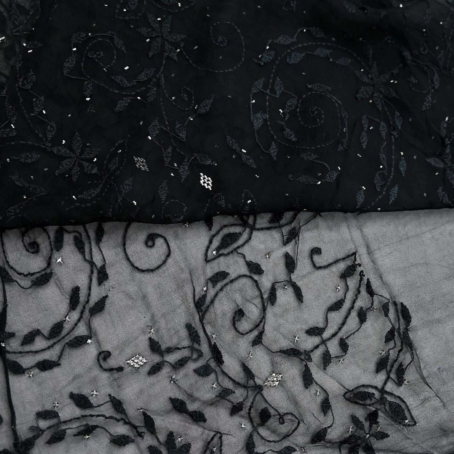 Indian Vintage Black Saree Hand Embroidered Kantha Mukesh Cotton Blend Sari 6 Yard Craft Fabric for Dressmaking, Quilting & Upcycling