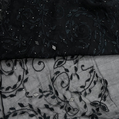 Indian Vintage Black Saree Hand Embroidered Kantha Mukesh Cotton Blend Sari 6 Yard Craft Fabric for Dressmaking, Quilting & Upcycling