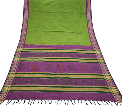 Vintage Green Purple Silk Blend Saree Hand Painted Indian Sari 6 Yard Fabric Craft Sewing Quilting Upcycle Dressmaking Material