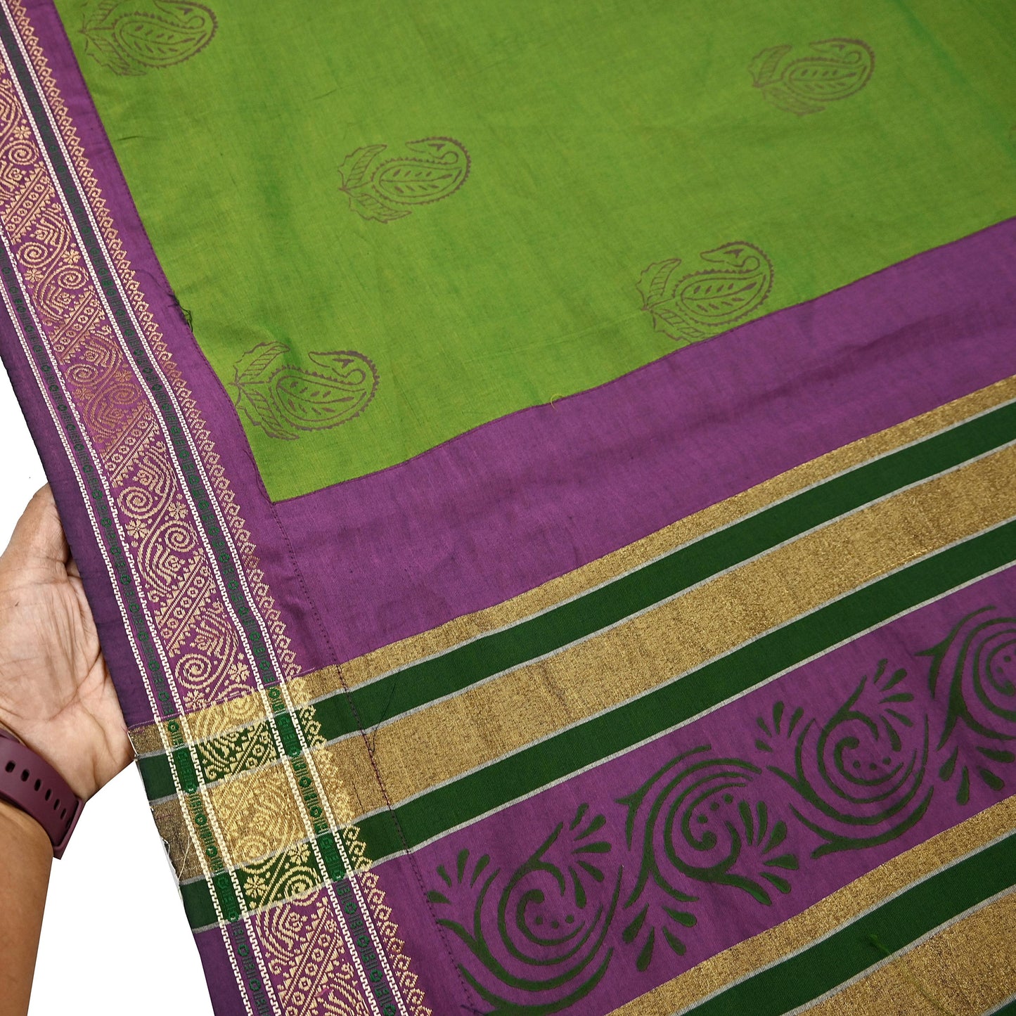 Vintage Green Purple Silk Blend Saree Hand Painted Indian Sari 6 Yard Fabric Craft Sewing Quilting Upcycle Dressmaking Material