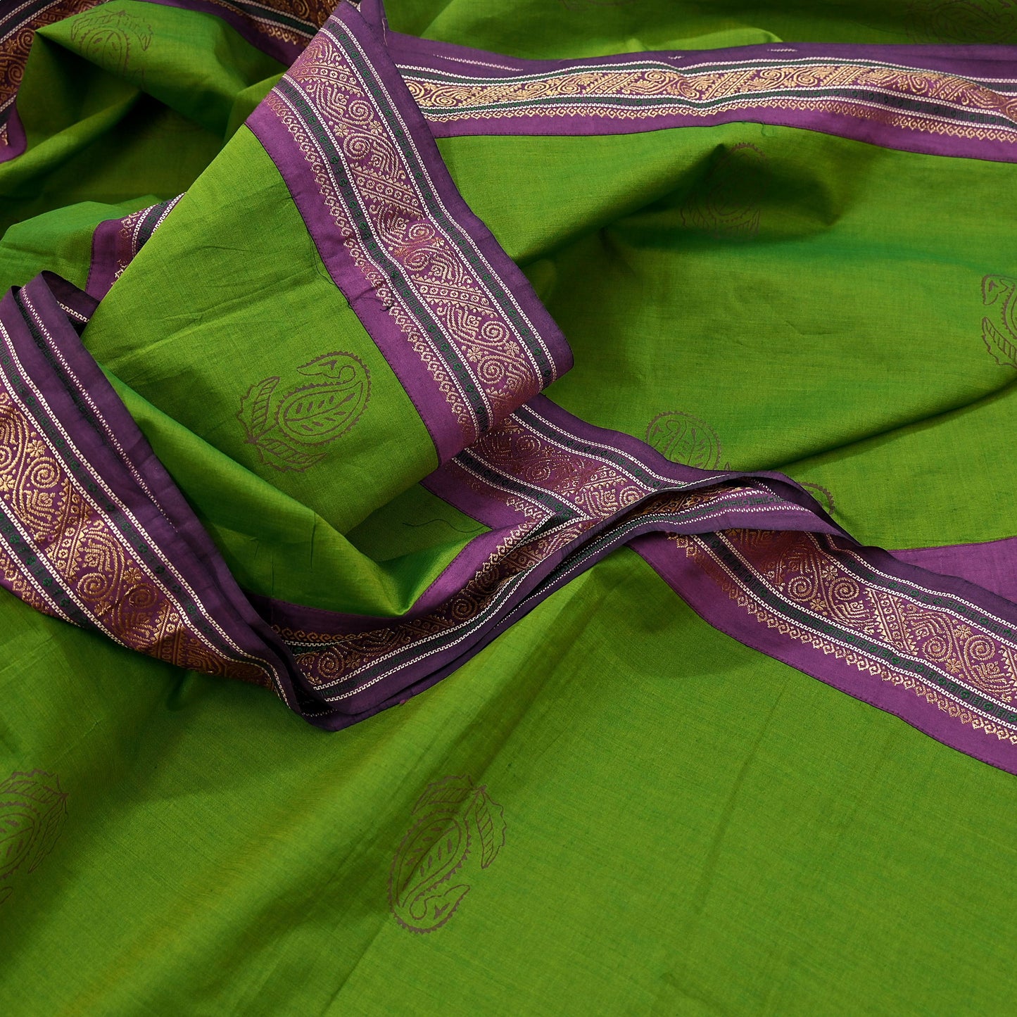 Vintage Green Purple Silk Blend Saree Hand Painted Indian Sari 6 Yard Fabric Craft Sewing Quilting Upcycle Dressmaking Material