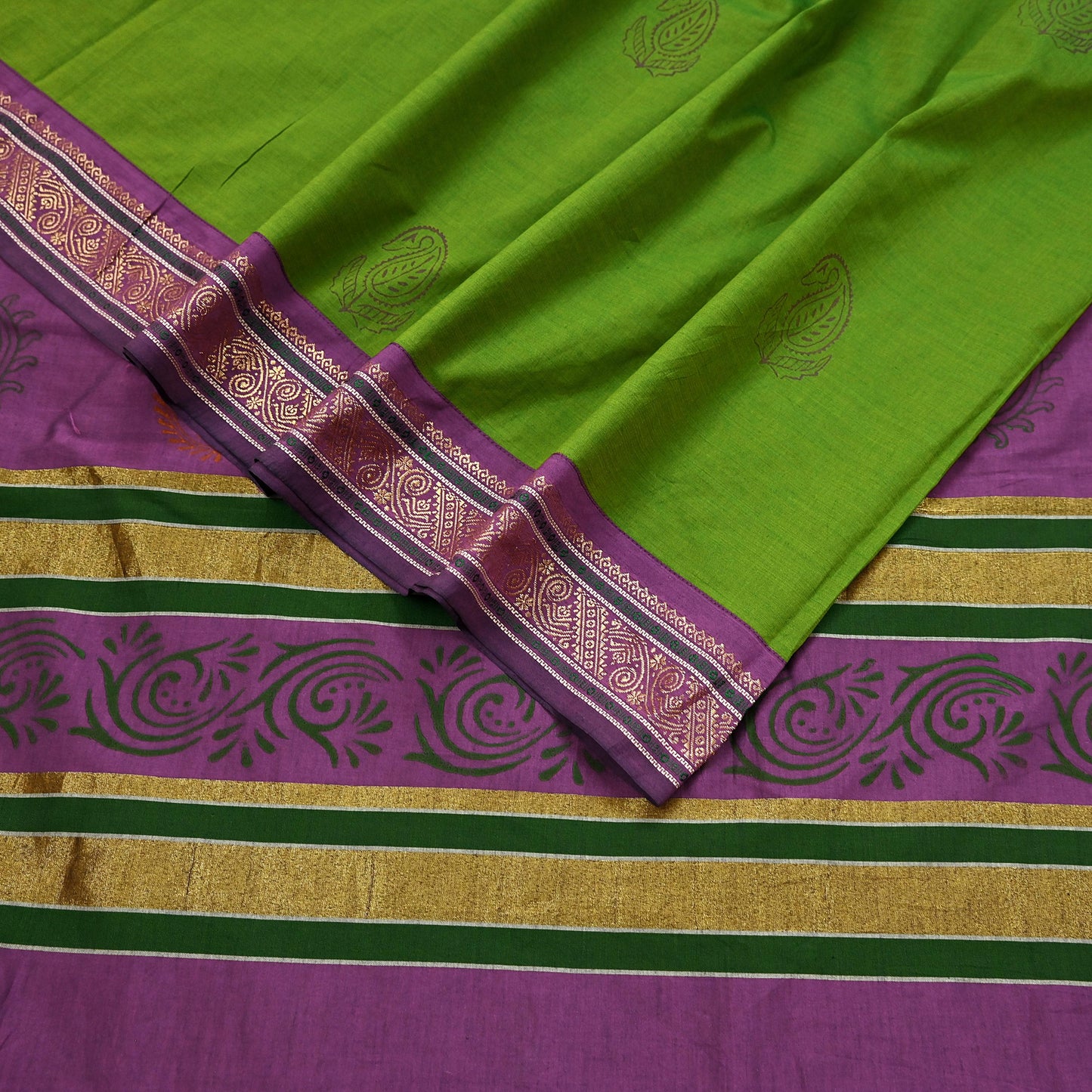 Vintage Green Purple Silk Blend Saree Hand Painted Indian Sari 6 Yard Fabric Craft Sewing Quilting Upcycle Dressmaking Material
