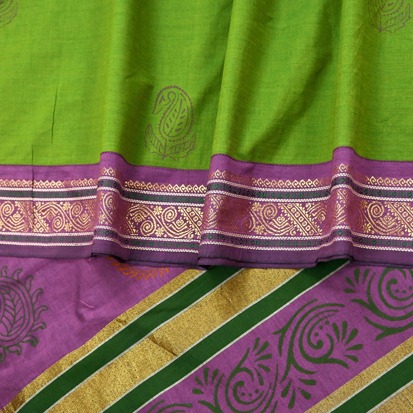 Vintage Green Purple Silk Blend Saree Hand Painted Indian Sari 6 Yard Fabric Craft Sewing Quilting Upcycle Dressmaking Material