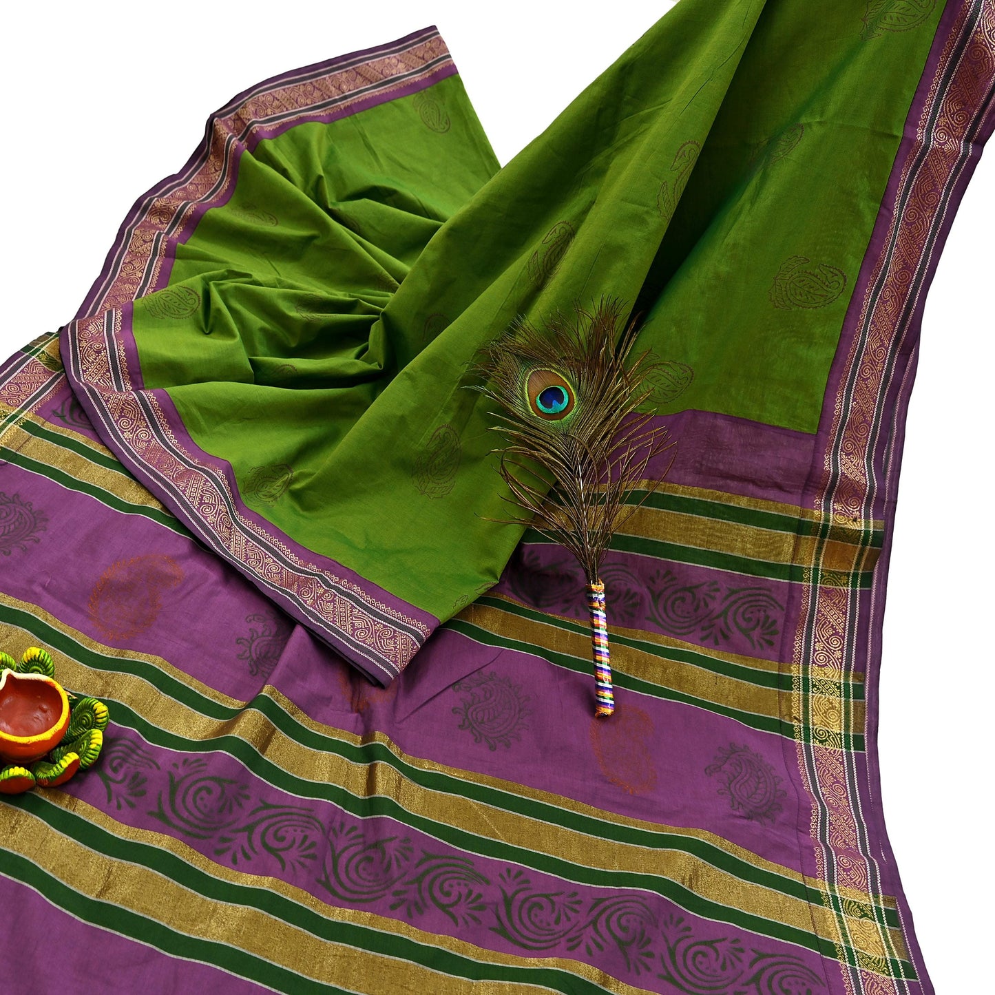 Vintage Green Purple Silk Blend Saree Hand Painted Indian Sari 6 Yard Fabric Craft Sewing Quilting Upcycle Dressmaking Material