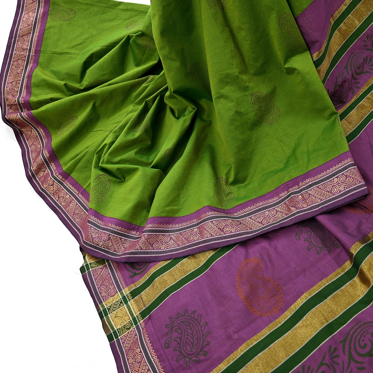 Vintage Green Purple Silk Blend Saree Hand Painted Indian Sari 6 Yard Fabric Craft Sewing Quilting Upcycle Dressmaking Material